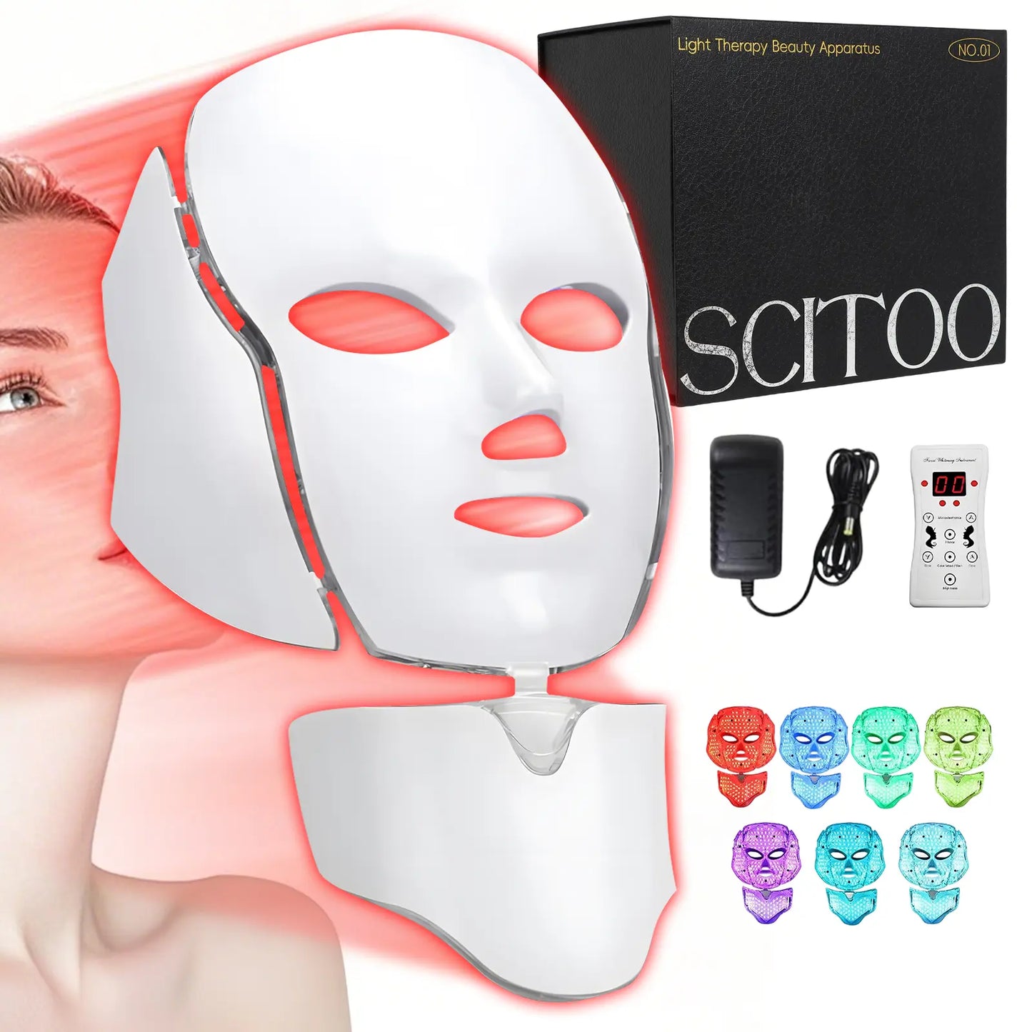 LED Facial Mask for Home Use - Multifunctional Red Light Therapy Device with Seven Color Options for Enhanced Skin Care (White)