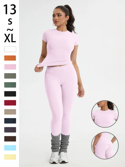 Women's Athletic Wear Set: Slim-Fit Short-Sleeve Top and High-Waisted Yoga Pants for Gym, Running, and Outdoor Activities