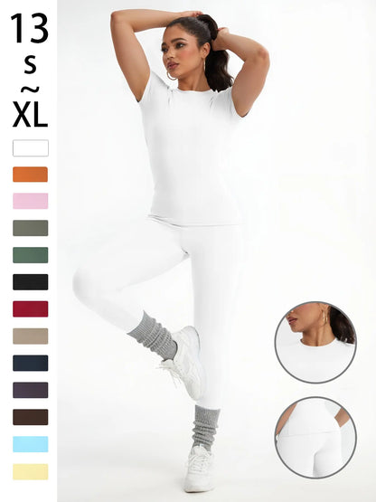 Women's Athletic Wear Set: Slim-Fit Short-Sleeve Top and High-Waisted Yoga Pants for Gym, Running, and Outdoor Activities