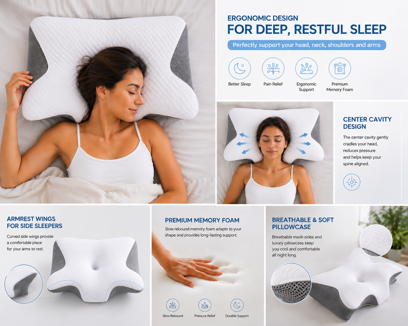 Memory Foam Cervical Pillow - 2-in-1 Ergonomic Contour Orthopedic Support for Neck Pain Relief (Pillowcase Included)