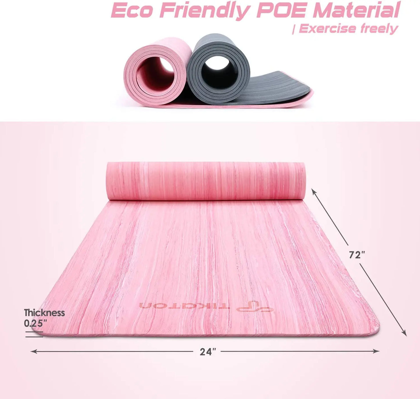 Tikaton Eco-Friendly High-Density POE Yoga Mat with Carrying Strap - 1/4 Inch Thickness, 72" L x 24" W for Hot Yoga and Fitness