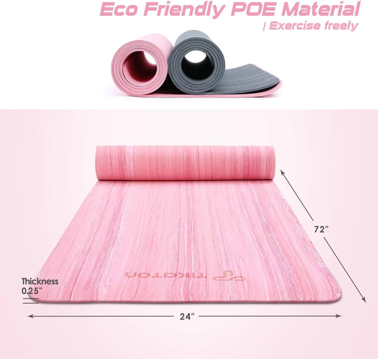 Tikaton Eco-Friendly High-Density POE Yoga Mat with Carrying Strap - 1/4 Inch Thickness, 72" L x 24" W for Hot Yoga and Fitness