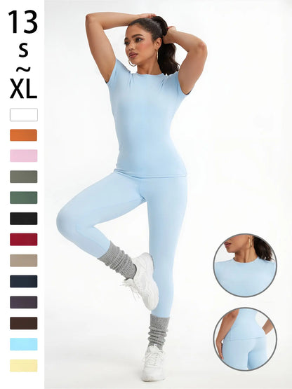 Women's Athletic Wear Set: Slim-Fit Short-Sleeve Top and High-Waisted Yoga Pants for Gym, Running, and Outdoor Activities